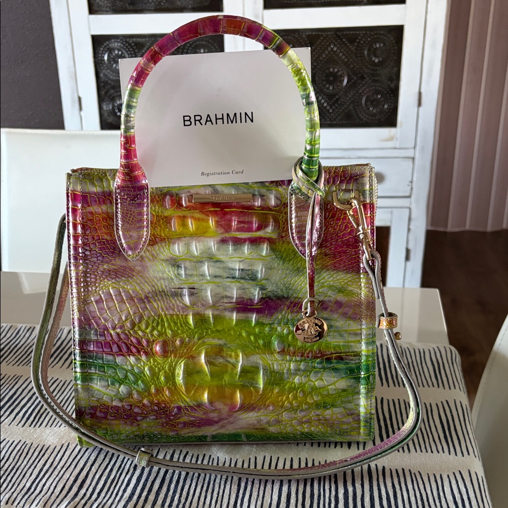 Brahmin Multicolor Croc-Embossed Leather Satchel In Green, Pink, Yellow